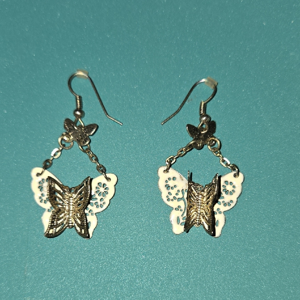 Silver and White Butterfly Earrings
